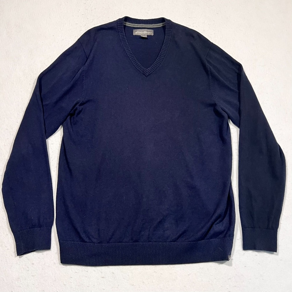 Eddie Bauer Sweater Merino Wool Blend Blue V-Neck Casual Preppy Men's Large
